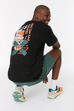 Trendyol Black Relaxed/Casual Cut Short Sleeve Text Printed 100% Cotton T-Shirt
