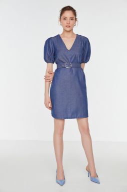 Trendyol Navy Blue Belted Balloon Sleeve tkané šaty