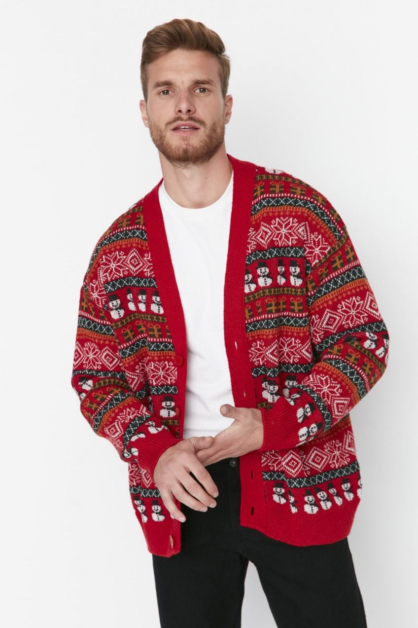 Trendyol viacfarebný pánsky oversize fit široký vianočný pletený kardigán.