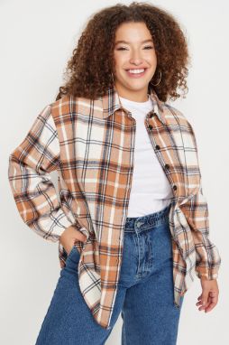 Trendyol Curve Brown Plaid Long Sleeve Oversize Winter Woven Shirt