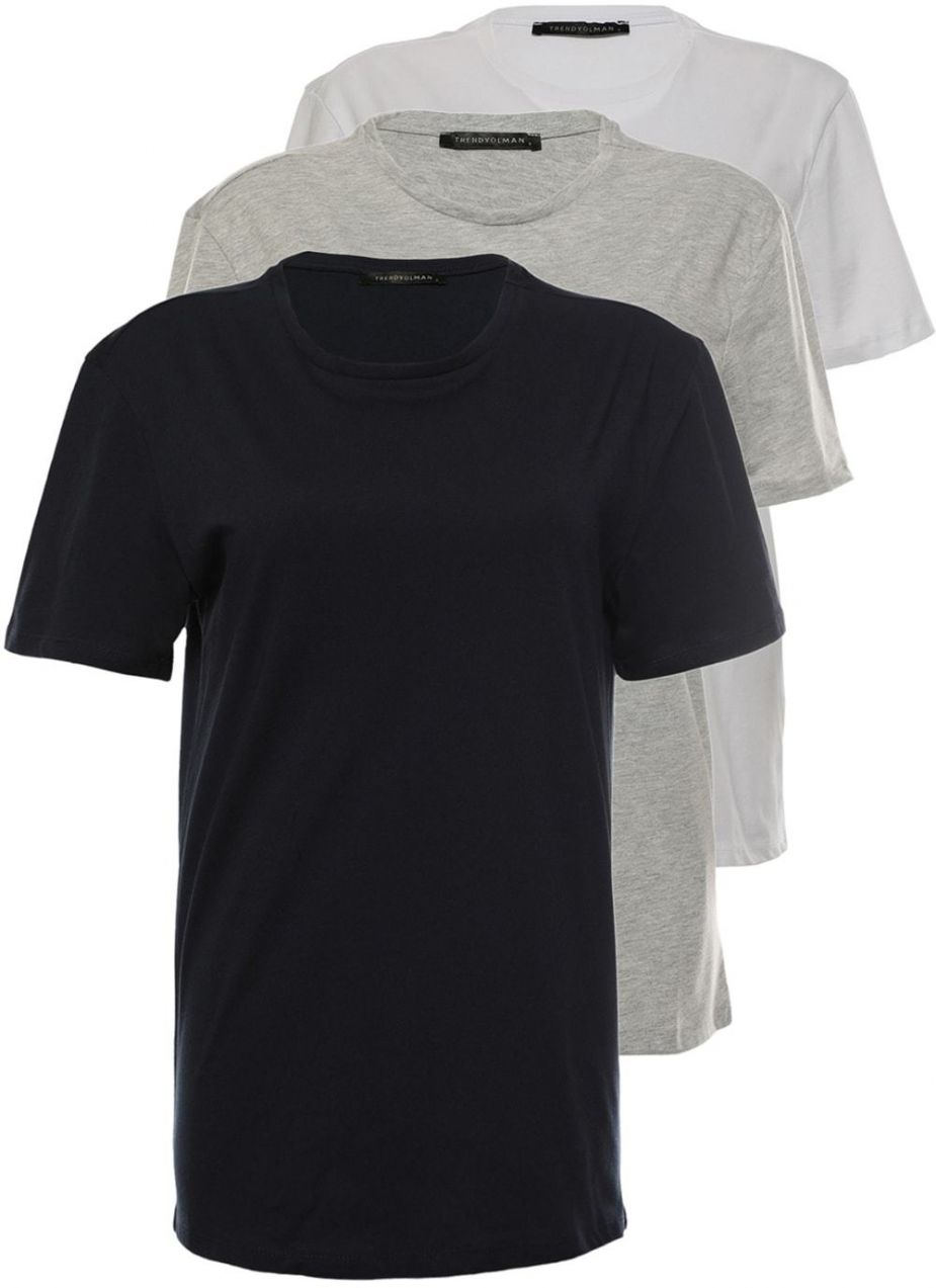 Trendyol Navy Blue-Grey Melange-White Slim/Slim Cut 100% Cotton 3-Pack Short Sleeve T-Shirt