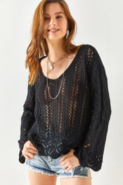 Olalook Women's Black Spanish Sleeve Geometric Detailed Cotton Knitwear Blouse