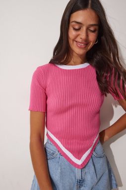 Happiness İstanbul Women's Pink Asymmetric Cut Crop Knitwear Blouse