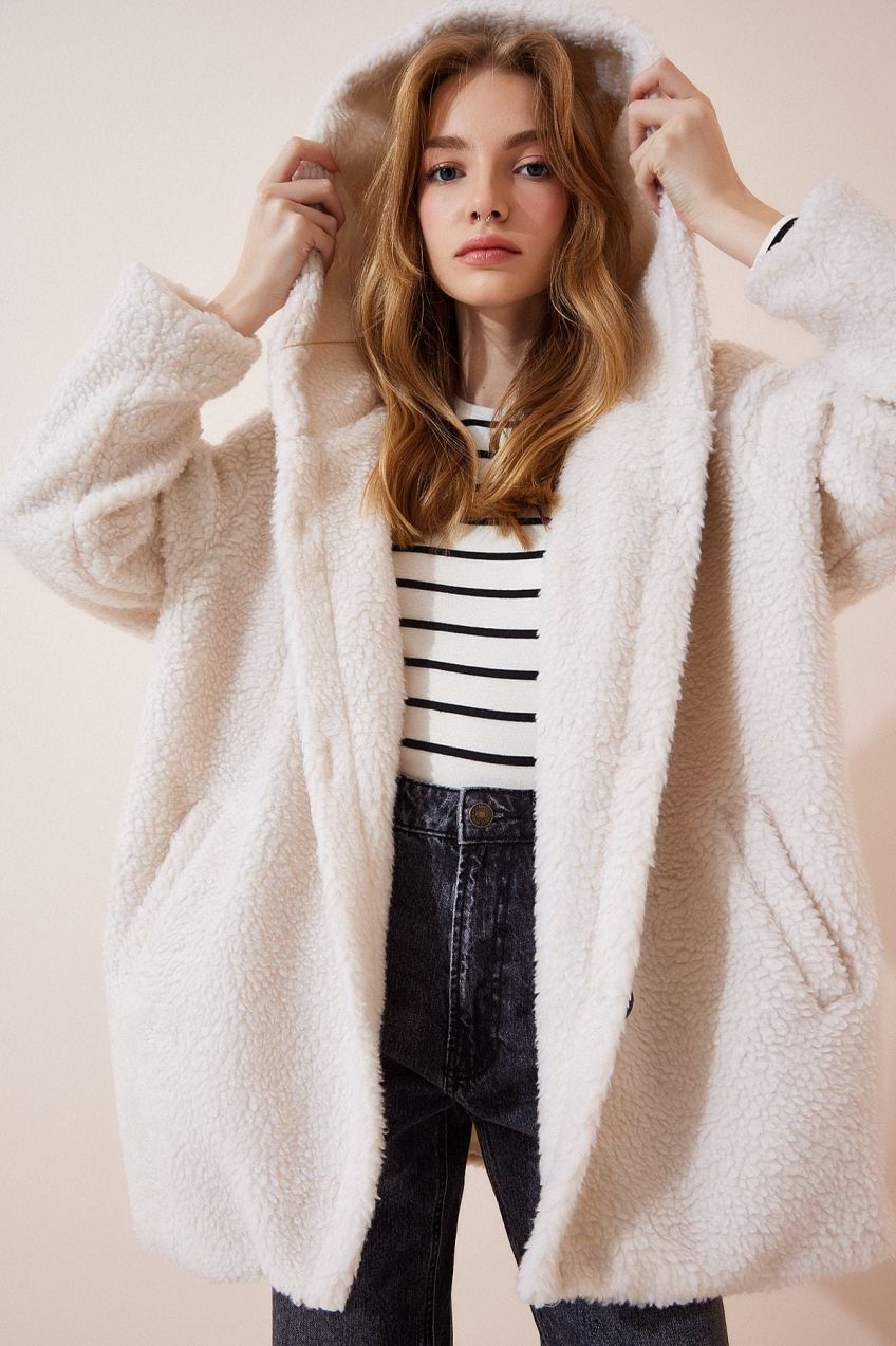 Happiness İstanbul Women's Cream Hooded Plush Coat