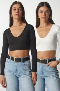 Happiness İstanbul Women's Black and White V-Neck 2-Pack Crop Blouse