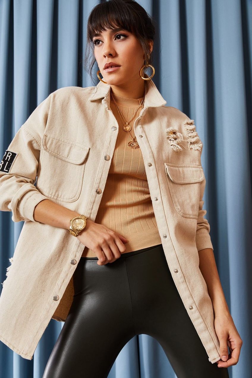 Olalook Women's Stone Ripped and Patch Detailed Thick Shirt