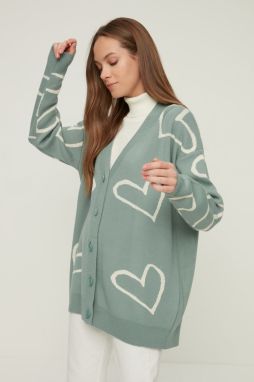 Trendyol Mint V-Neck Srdce Vzorovaný pletený Cardigan