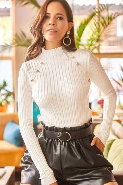 Olalook Women's Ecru High Neck Thick Ribbed Button Detailed Knitwear Blouse