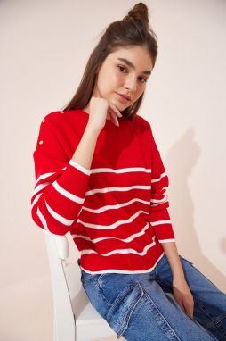 Happiness İstanbul Women's Red Button Detailed Striped Knitwear Sweater