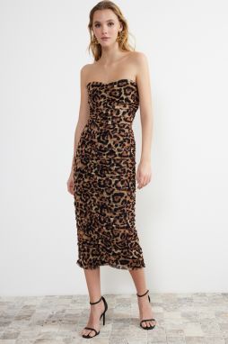 Trendyol Multicolored Fitted Leopard Patterned Draped Knitted Tulle Elegant Evening Dress