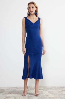 Trendyol Saks Záhybové Pletené Elegantné Večerné Šaty