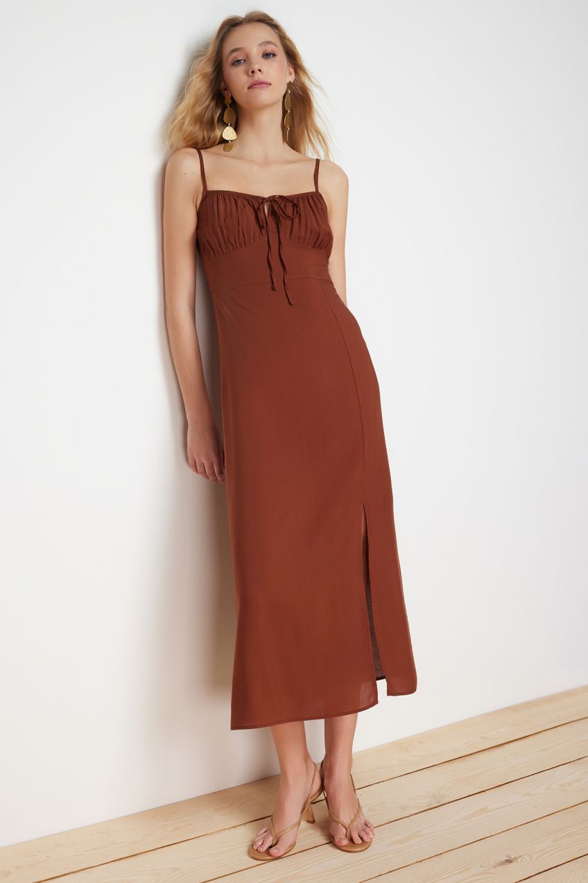 Trendyol Brown A-Line Midi Woven Dress with Tie Detail on the Collar