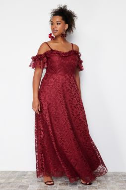 Trendyol Curve Bordové Plus Size Šaty s Ramienkami v A-Línii z Čipky Maxi Večerné Šaty