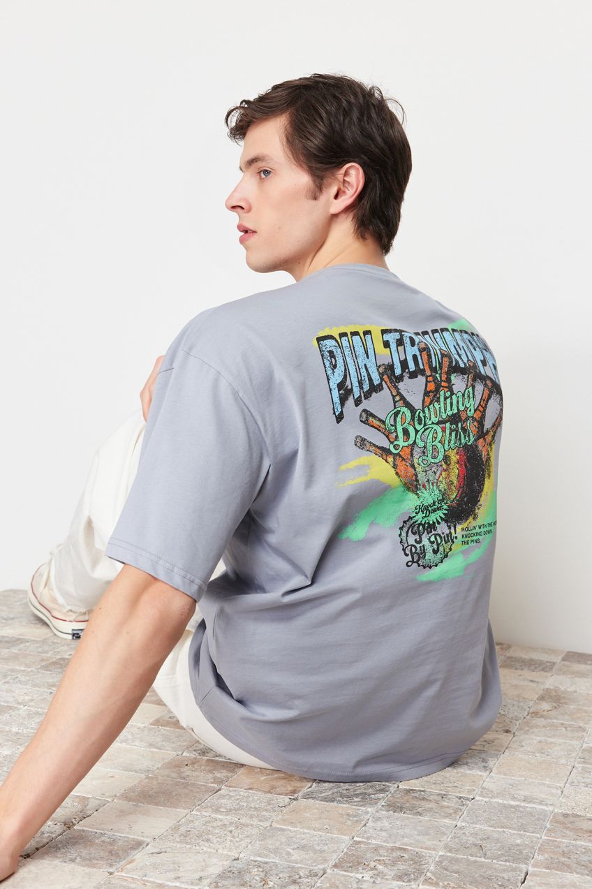 Trendyol Gray Oversize/Wide Fit Bowling Back Printed 100% Cotton T-shirt