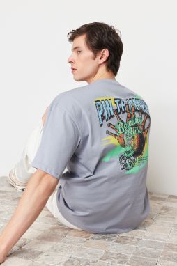 Trendyol Gray Oversize/Wide Fit Bowling Back Printed 100% Cotton T-shirt