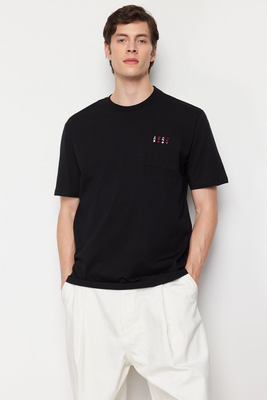 Trendyol Black Relaxed/Casual Cut Playing Card Embroidered Pocket Short Sleeve 100% Cotton T-Shirt