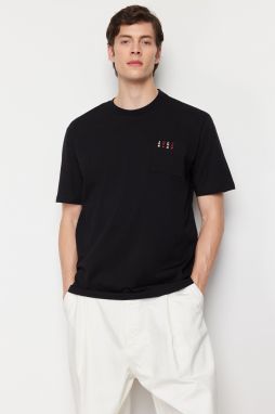 Trendyol Black Relaxed/Casual Cut Playing Card Embroidered Pocket Short Sleeve 100% Cotton T-Shirt