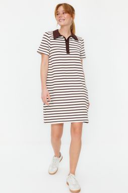 Trendyol Brown and White Striped Polo Neck A-Line/A-Line Form Knitted Dress