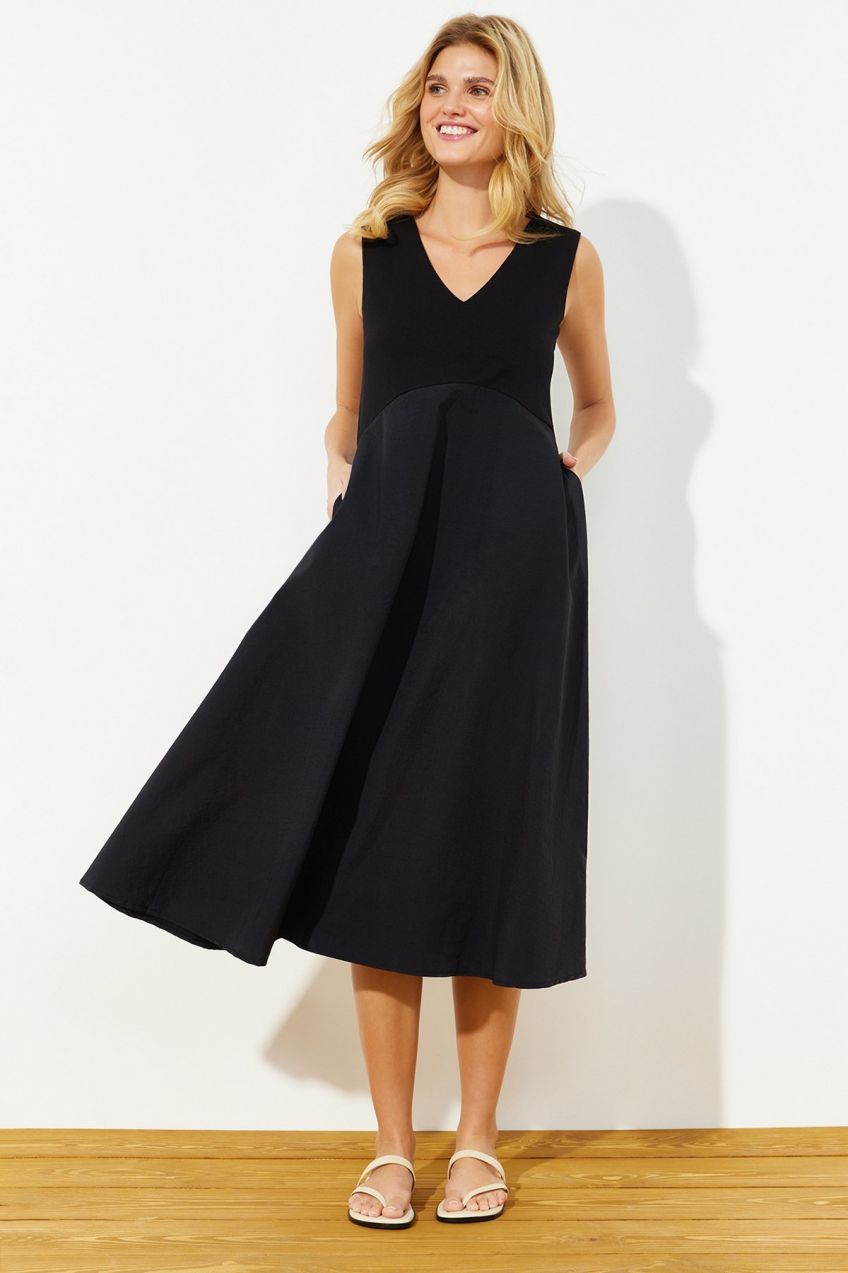 Trendyol Black Waist Open Maxi Fabric Mixed Woven Dress