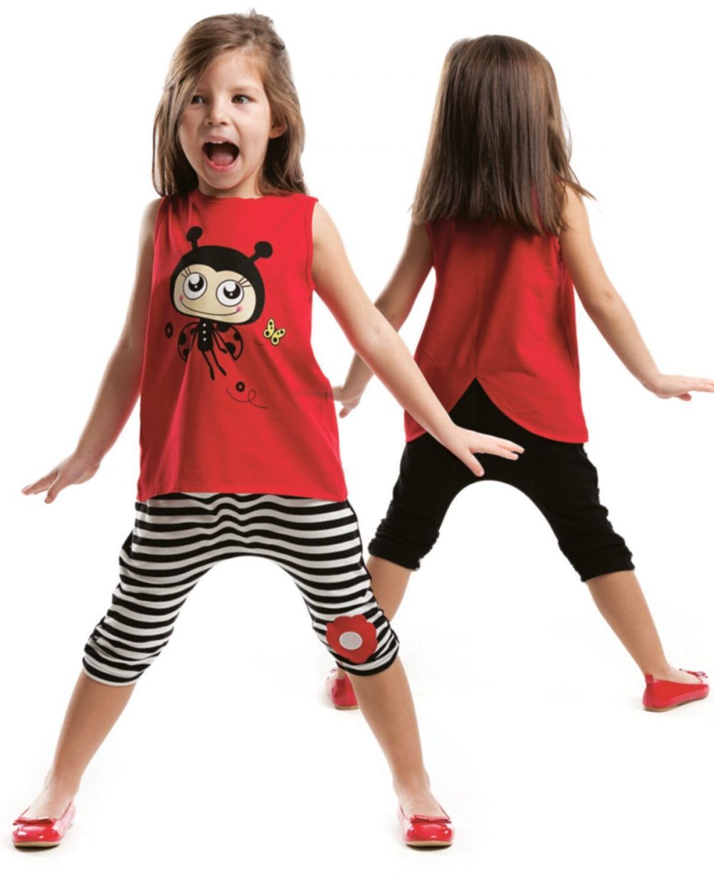 Denokids Red Ladybug Striped Girl's Summer T-shirt Capri Shorts Set