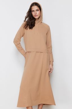Trendyol Camel Oversize Hooded Knitted Sweatshirt Dress