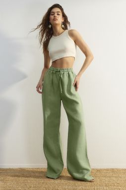 Trendyol Green 100% ľan široké nohavice s vysokým pásom a elastickým pásom.