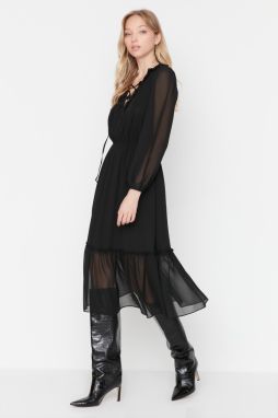 Trendyol Black midi A-line tkané golier šnurované šifónové tkané šaty