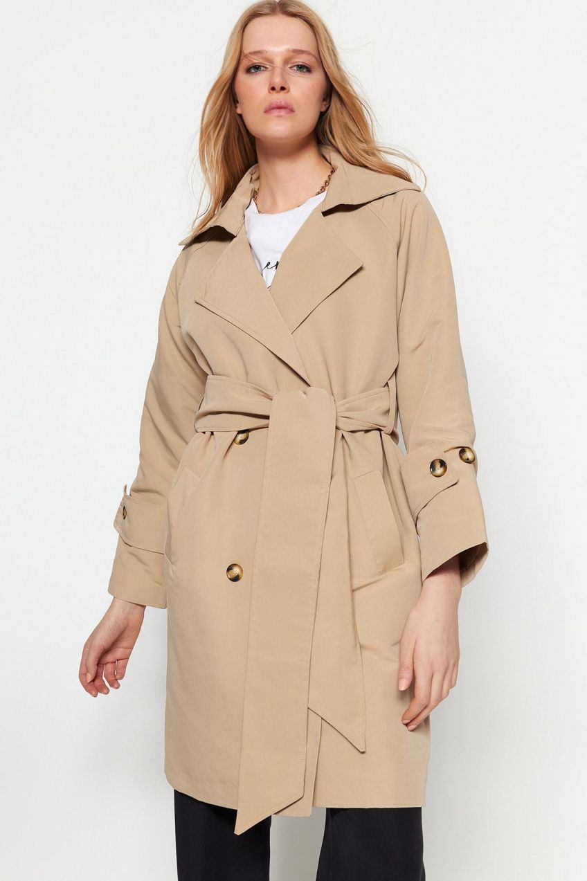 Trendyol béžová oversized široký golier a opasok detailný trenčkot