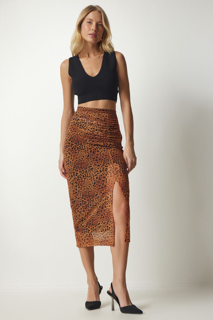 Happiness İstanbul Women's Orange Patterned Pleated Chiffon Skirt