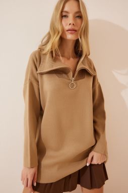 Happiness İstanbul Women's Biscuit Zipper Collar Oversize Knitwear Sweater