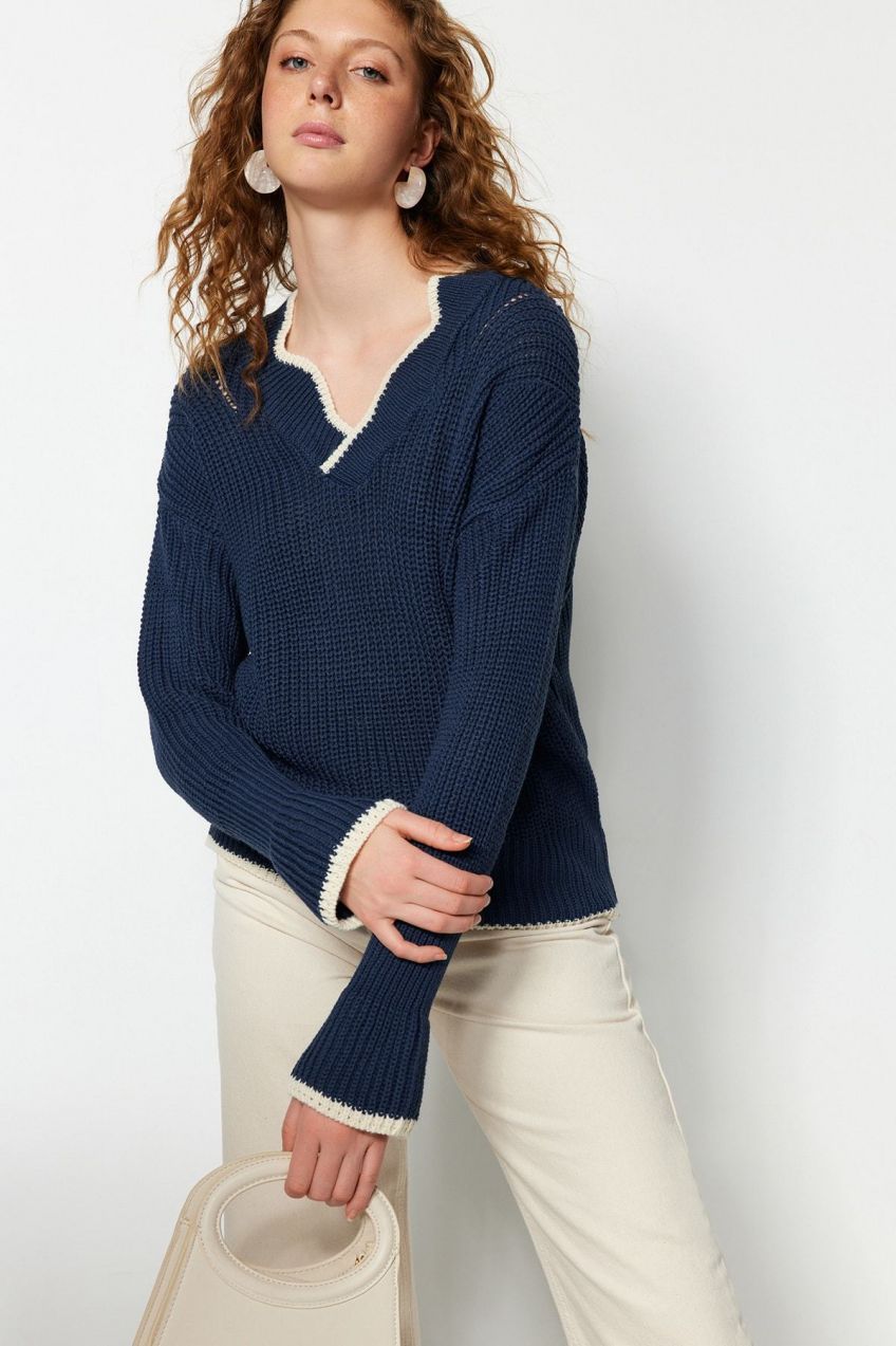 Trendyol Oil Wide Fit Color Block Pletený sveter