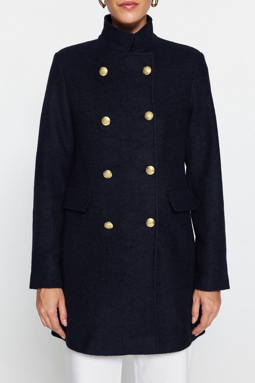 Trendyol Navy Blue Premium Gold Gombík Detailný pečiatkový kabát