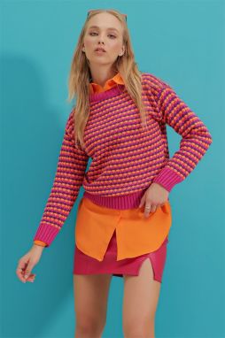 Trend Alaçatı Stili Dámske Fuchsia Crew Krk Vzorovaný úplet Zimný sveter