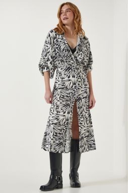 Happiness İstanbul Women's Black and White Patterned Buttoned Satin Surface Elegant Dress