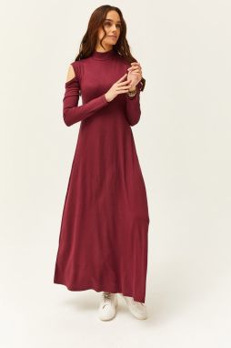 Olalook Women's Plum Shoulder Decollete Lycra Midi Flared Dress
