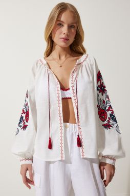 Happiness İstanbul Women's White Embroidered Buttoned Linen Blouse