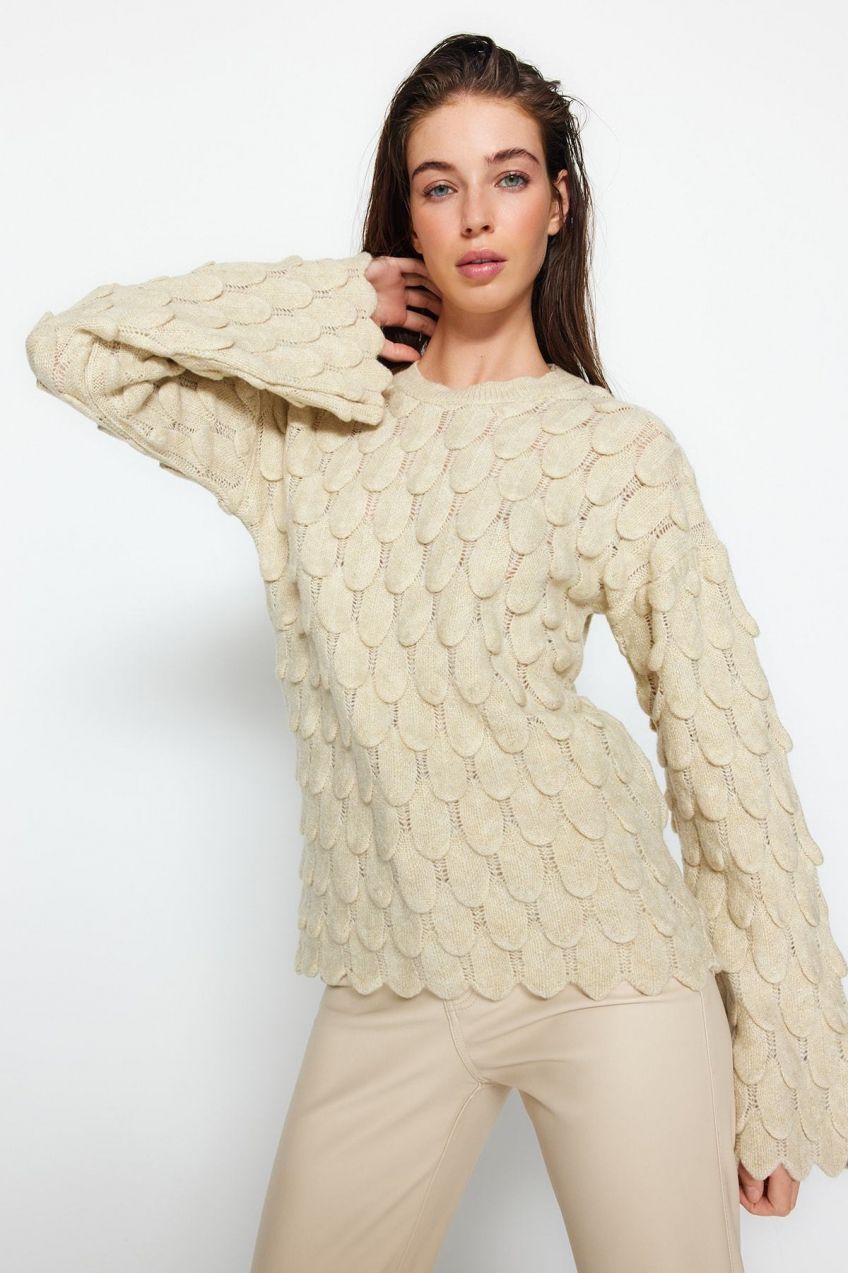 Trendyol Stone Jemný textúrovaný vzorovaný pletený sveter crewneck