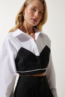 Happiness İstanbul Women's White Color Block Crop Poplin Shirt