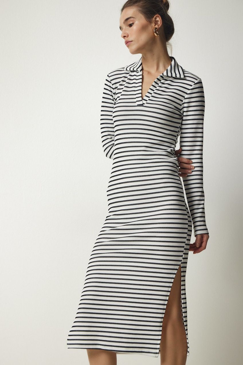 Happiness İstanbul Women's White Polo Neck Striped Camisole Dress