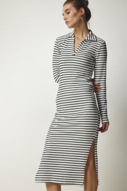 Happiness İstanbul Women's White Polo Neck Striped Camisole Dress