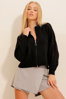 Trend Alaçatı Stili Women's Black Zippered Hole Openwork Knitwear Jacket