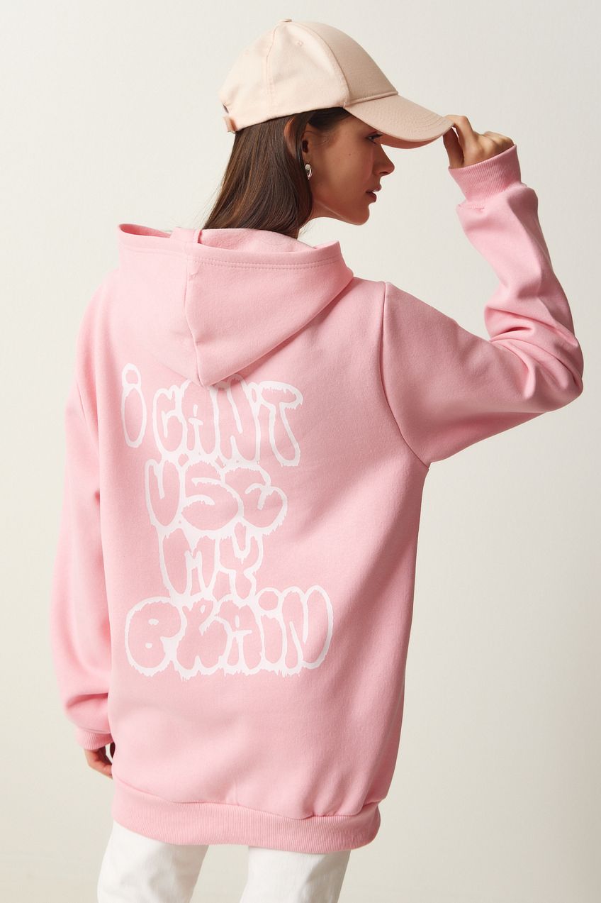 Happiness İstanbul Women's Light Pink Hooded Printed Raised Sweatshirt