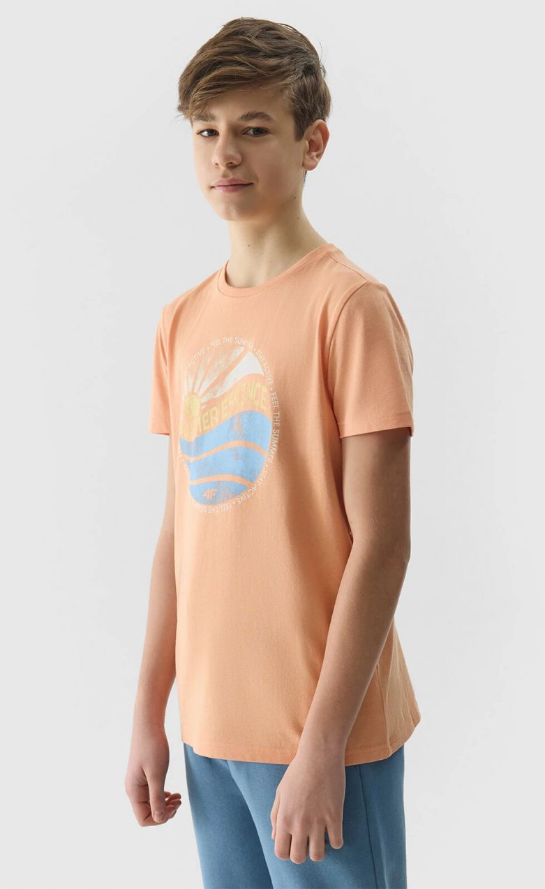 Boys' T-shirt in a regular fit with a 4F print - coral