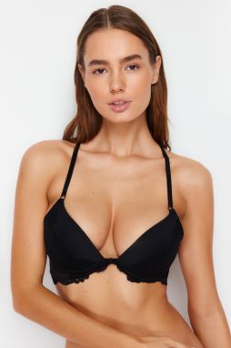 Trendyol Black Polyamide Lace Detailed Front Closure Rope Strap Covered Knitted Bra