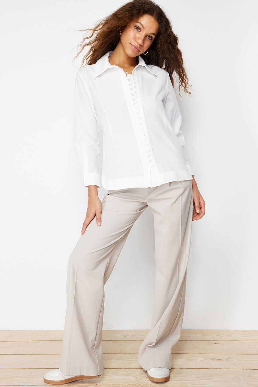 Trendyol Ecru Button Detailed Regular Fit Woven Shirt