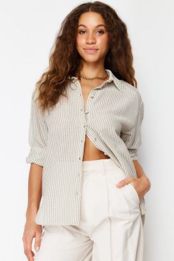 Trendyol zelená pásikovaná oversized košeľa s ľanovým vzhľadom