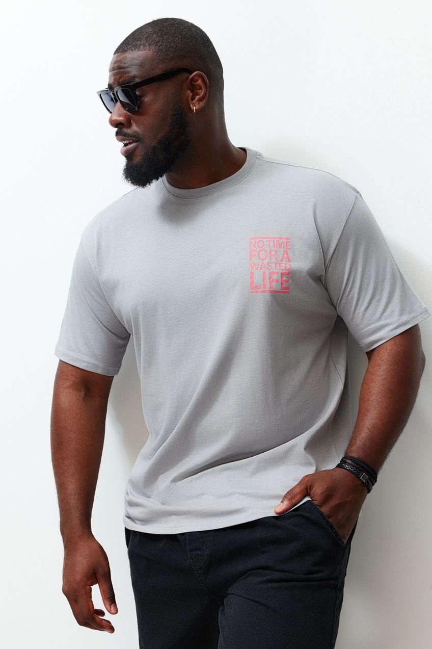 Trendyol Large Size Gray Relaxed/Comfortable Cut Text Printed 100% Cotton T-Shirt
