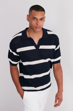 Trendyol Limited Edition Navy Blue Regular Fit Striped Wacky Placket Knitwear Polo Neck T-Shirt