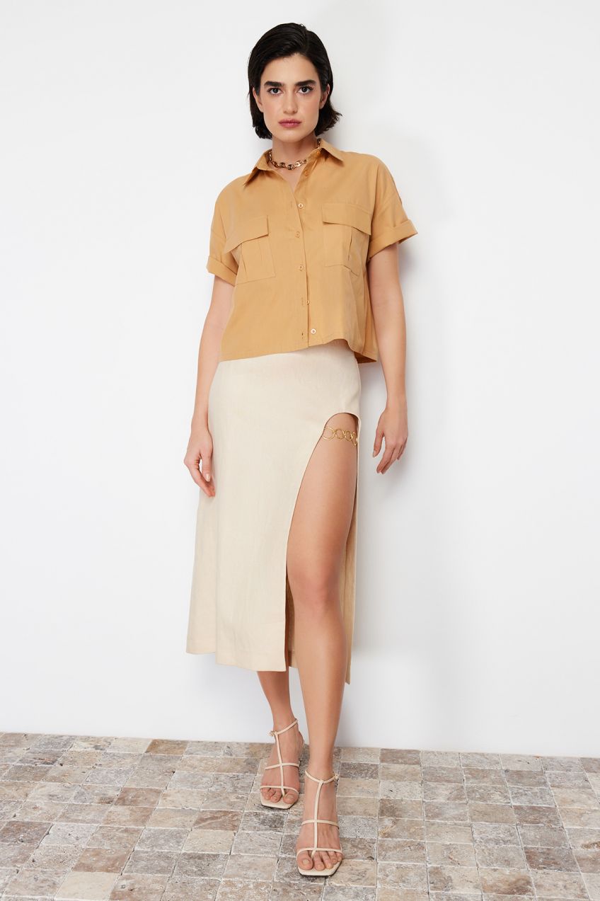 Trendyol Mustard Utility Pocket Detailed Regular Cotton Quality Woven Shirt