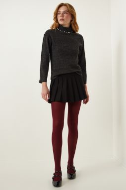 Happiness İstanbul Women's Anthracite Pearl Detailed Turtleneck Knitted Blouse